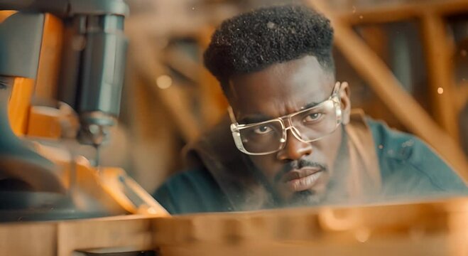 Young black man with glasses sawing wood.