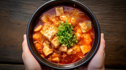 Top view of Kimchi soup with tofu and pork in a bowl holding by hand 