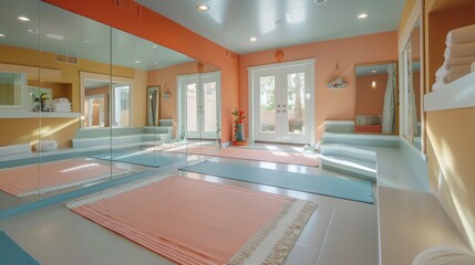 home yoga studio with calming colors, mirrored walls, and a peaceful ambiance for daily practice and meditation