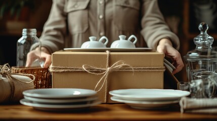 A woman is holding a brown box with plates inside