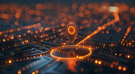 Fototapeta premium Digital Map with Location Pin and Blue Orange Glowing Pathways