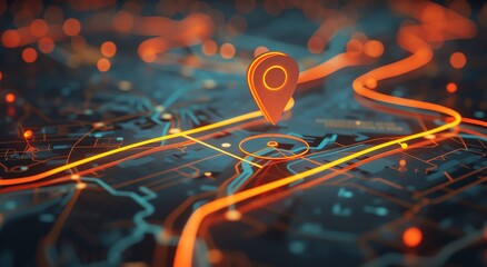 Digital Map with Location Pin and Blue Orange Glowing Pathways