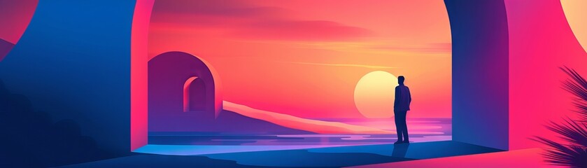 Fototapeta premium Silhouetted figure stands in surreal, vivid landscape with bold colors. Vibrant sunset through abstract architecture. Digital art scene.