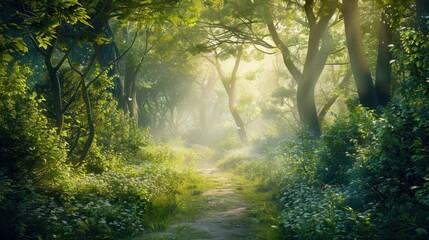 Obraz premium Sunlit forest pathway with lush green foliage and serene atmosphere, perfect for nature, tranquility, and outdoor themes.