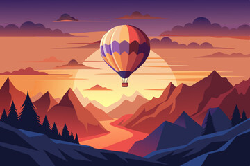 illustration of a flying hot air balloon, mpuntains, sunset, travel background