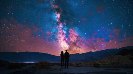 Obraz premium Two people standing under a vivid, star-filled night sky with the Milky Way galaxy above, creating a mesmerizing and romantic scene.
