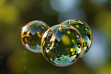 Slow motion of the abstract air bubbles on sunny yellow green sunny nature bokeh background. Generative AI