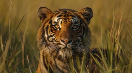 Naklejka premium A majestic tiger with piercing eyes gazes directly at the camera, its stripes blending with the tall grass.