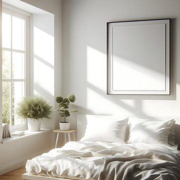 A white bed with pillows and a plant in a window.