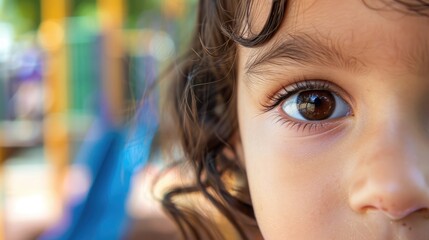Close-up of a child's face with a blurred playground in the background