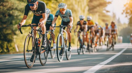 Close - up of a group of cyclists with professional racing sports gear riding on an open road cycling route