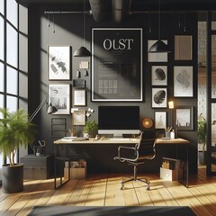 A working room there is an poster empty white with a computer desk and A chair and poster mockup highquality engaging highquality professional.