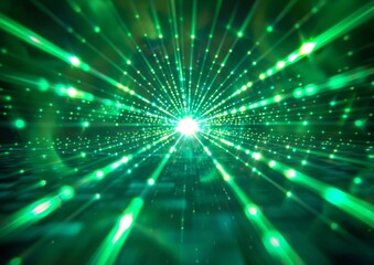 Naklejka premium A green laser beam shines in the center of an abstract background, with rays spreading outwards from its source