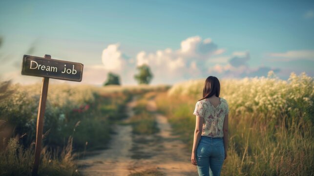 Dream job concept image with sign and woman showing the direction to change job and encourage people take risk and look for new opportunities