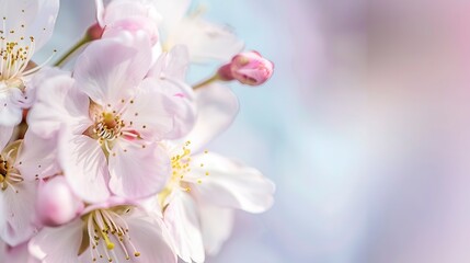 Cherry blossom border, macro view, soft pink petals, early spring light, high detail, blurred blue sky. 