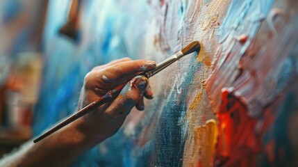 Obraz premium Close-up of a hand holding a paintbrush with a blurred artist's studio in the background