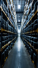 Rows of tires are stacked on the shelves in the warehouse