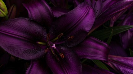 Dark lily, close-up, deep purple hues, dramatic lighting, intricate textures, shadowy background. 