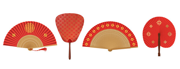 Red Asian fans with golden ornaments realistic vector illustration set. Traditional Chinese accessories 3d objects on white background