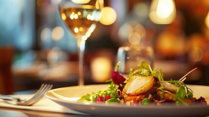 Close-up of a plate of gourmet food with a blurred restaurant scene in the background