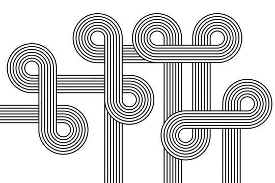 Geometric lines of arches and circles of twisted abstract shapes. Linear design element in modern Bauhaus boho aesthetic style.