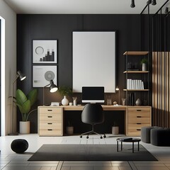 A working room there is an poster empty white with a computer desk and A chair and poster mockup highquality engaging Vibrant engaging.