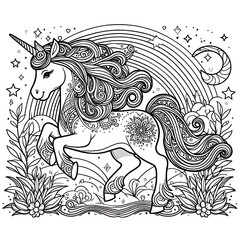 A black and white drawing of a unicorn coloring page design colours drawing graphic eyecatching vector unique realistic vector.