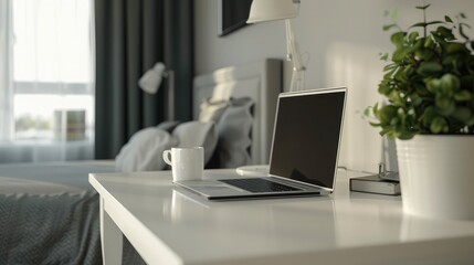 Fototapeta premium Close-up of a white desk with a laptop and coffee cup, showcasing a workspace in a hotel room