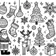A black and white image of various christmas objects unique.