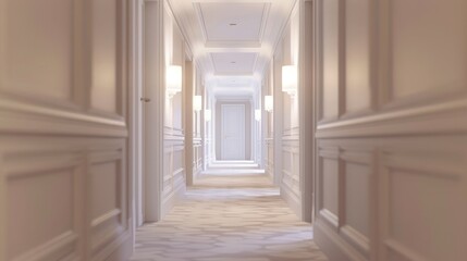 Close-up of a white hotel room hallway with doors leading to different rooms and soft lighting