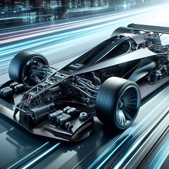 A black race car on a track.