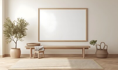 A minimalist, warmly designed living room where elegantly arranged oak timbers are paired with neutral walls in a natural finish for a serene, simple aesthetic