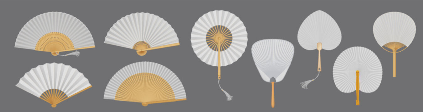 Asian handheld fans of bamboo and paper realistic vector illustration set. Oriental souvenir accessory 3d objects on grey background