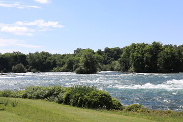 View from Prospect Point across the Niagara river to Goat Island. Niagara Falls State Park. Niagara Falls, New York.