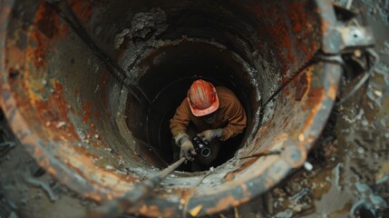 Close-up of a worker inspecting the interior of an open sewer hatch with a camera on a pole