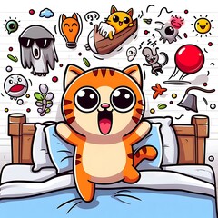 A cartoon cat design drawing graphic jumping on A bed in bedroom Illustrative eyecatching vector.