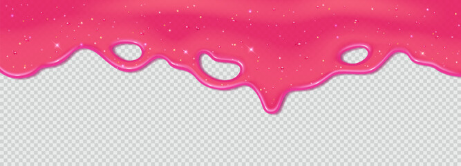 Realistic 3D dripping glossy pink slime with glitter isolated on transparent background. Border of flowing sticky sweet jelly. Vector template of chewing gum, cream or caramel icing for cake or donut