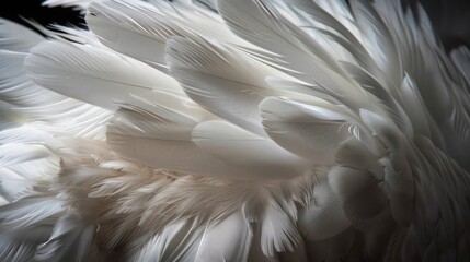 Fototapeta premium Close-up of soft and fluffy white chicken feathers against a contrasting dark background