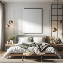 A bed in bedroom style interior set design have mockup poster empty white with and a table unique engaging professional.