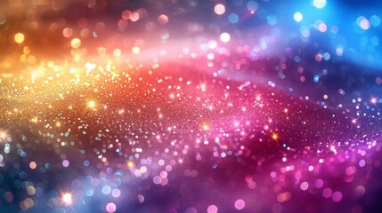Naklejka premium Glittering gradient background with holographic effect and magical lights. Abstract fantasy backdrop with fairy sparkles, gold stars, and festive blurs.
