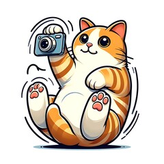 A cartoon of a cat design drawing graphic holding a camera realistic accessible unique.