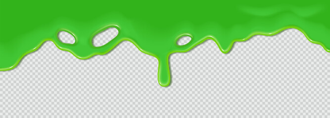 Green flowing toxic slime. Liquid wave of paint or sauce on transparent background. 3d realistic vector illustration. Halloween design. Flowing molten clot. Top horizontal border of the frame