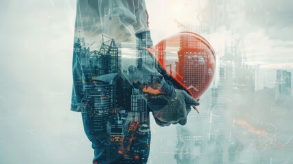 Double exposure of a construction worker holding a safety helmet and drawing, with a futuristic architectural design in the background