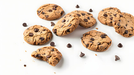 Collection of half chocolate chip cookies on white background