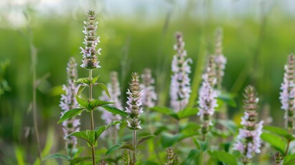 Obraz premium Macro shot of marsh mint flowers blooming in a marshland, with soft focus on the surrounding greenery