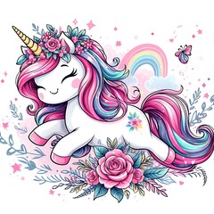 A cartoon unicorn design colours drawing graphic with flowers and rainbow accessible unique optimized.
