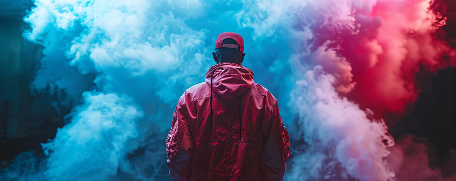 Artist rapper at a music concert on stage singing seen from the back with pink and blue smoke. Hip hop rap artist live performance.