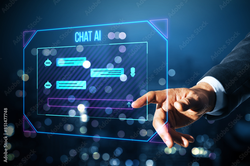 Wall mural a person interacting with a futuristic chat ai interface, digital graphics, on a bokeh light backgro - Wall murals