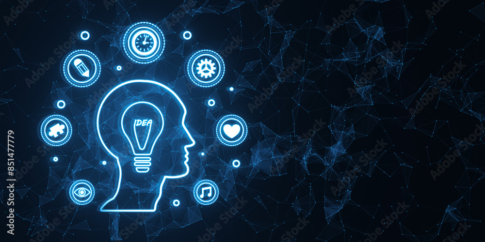 Leinwandbilder digital head silhouette with icons representing ideas on a networked background, creative concept on