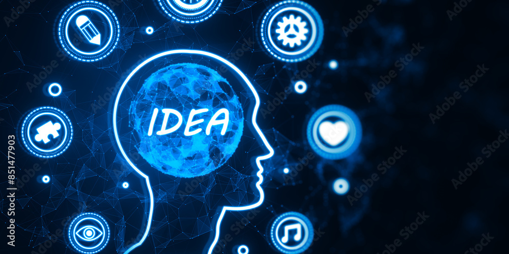 Poster digital illustration of head silhouette with idea and icons on a dark blue background, concept of in
